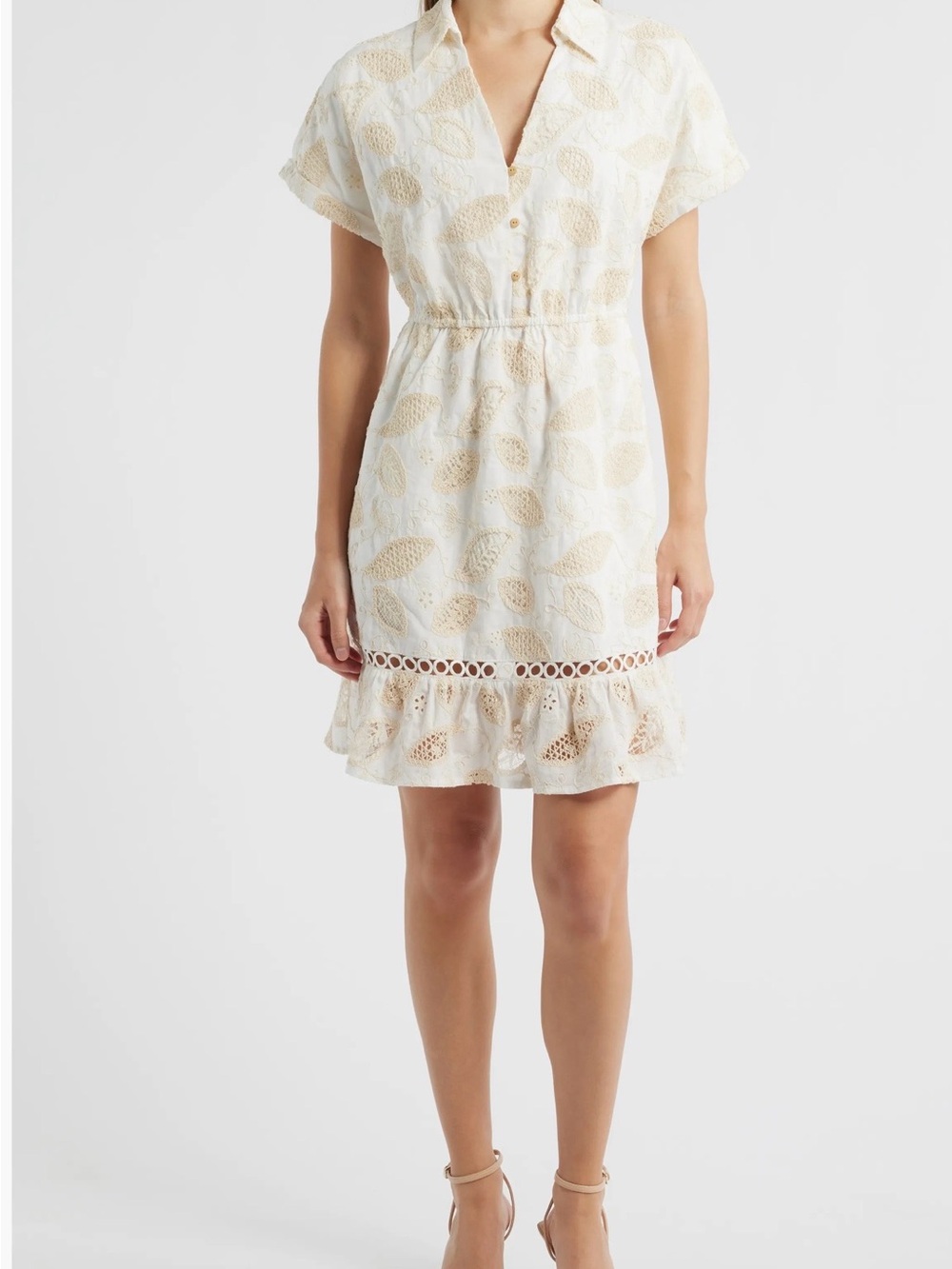 Cream Eyelet Short-Sleeve Mini Dress with Ruffle Hem